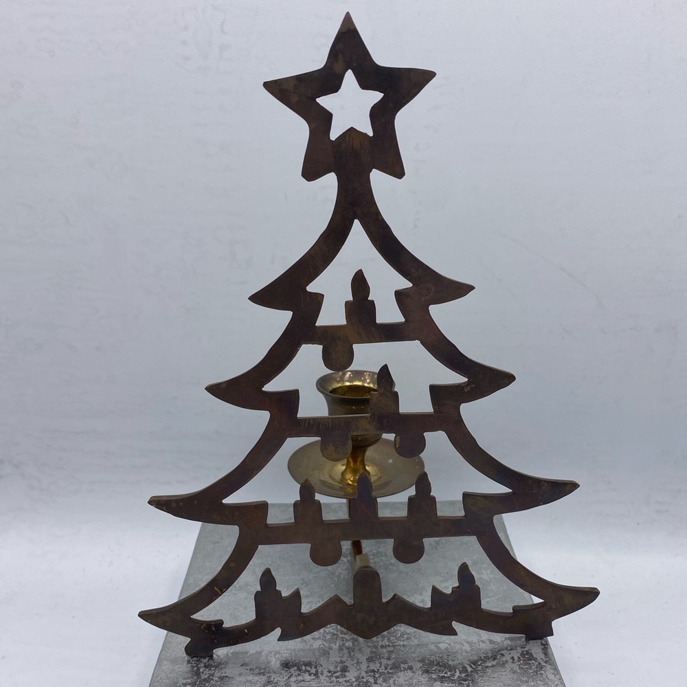 Vintage Brass Christmas Tree Shaped Table Top Candle Holder Holiday Decor - Picture 7 of 7